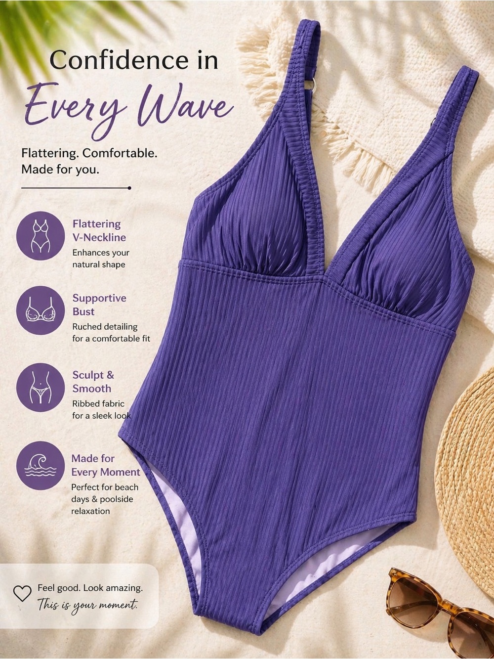 Cupshe Purple Ribbed V-Neck One-Piece Swimsuit